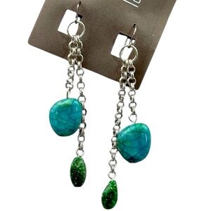 Chico’s Turquoise Green Stone Chain Dangle‎ Earrings Womens Boho 3in Silver Tone